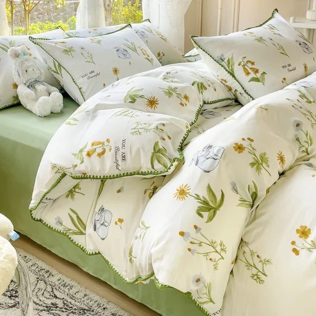 JazzHer Lovely Pastoral Girls Flower Bedding Set, Soft Washed Cotton Bed Linens For Dreamy Nights, Simple Bedspread And Home Textile