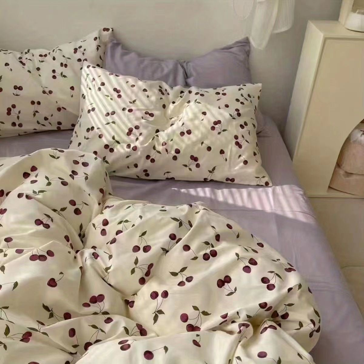 JazzHer Ins Cherry Bedding Set Twin Full Queen King Size Purple Bed Linen Girls Adults Bed Flat Sheet Pillowcase Comforter Duvet Cover