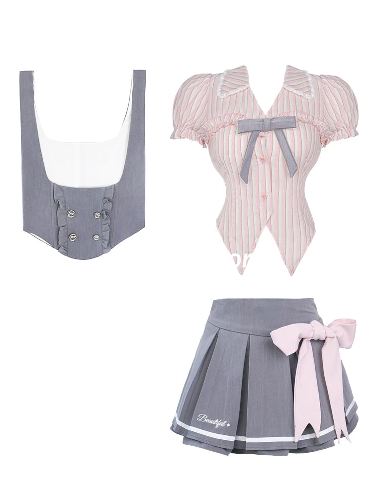 JazzHer 2025 Japanese Sweet Preppy Style Skirt Suit Women Kawaii Slim Striped Blouse + Casual Vest + Cute Bow Mini Skirt 3 Piece Set New