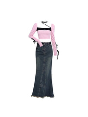 christmas outfit JazzHer Women High Waist Pleated Ruffled Blue Denim Skirts Women Slim Hip Mermaid Skirt Woman Chic Skirts Femme Autumn Winter 2025 New