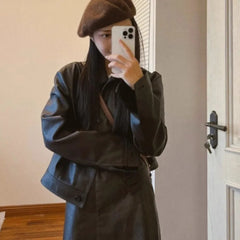 cold weather outfits JazzHer Vintage American Style Leather Jacket And Skirt Set Two-Piece Autumn/Winter Outfit Coordination Complete Set Women's Fashion