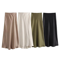 JazzHer 2024 Y2K Casual Women Long Skirt Spring Elastic High Waisted A-Line Casual Female Satin Skirts High Street Lady Skirts