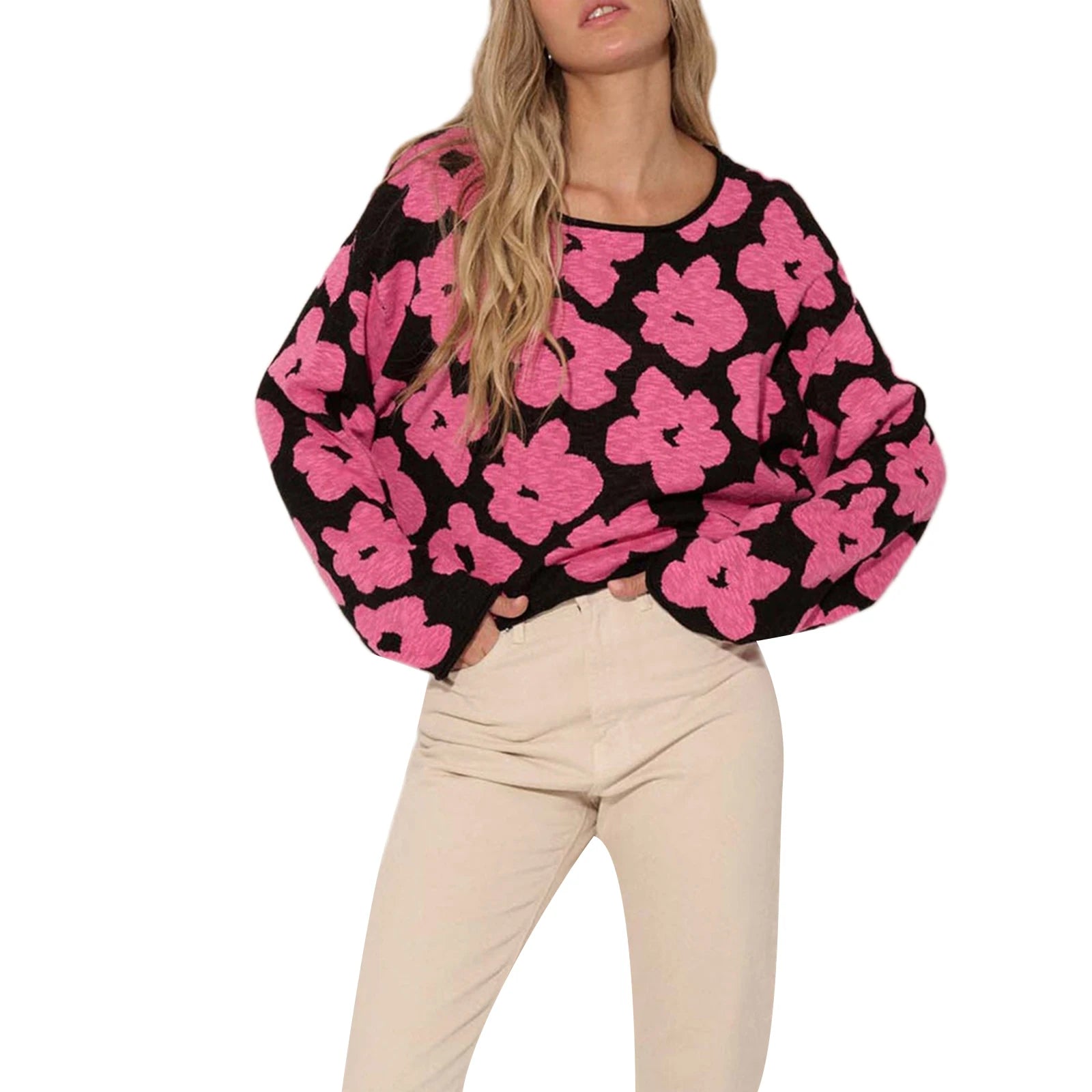 thanksgiving outfit JazzHer Women's Fall Loose Sweater Floral Print Long Sleeve Round Neck Spring Knit Tops Knitwear