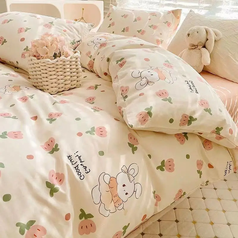 JazzHer Korean Style Bedding Set Boys Girls Twin Queen Size Duvet Cover Flat Sheet Pillowcase Bed Linens Kids Adult Fashion Home Textile