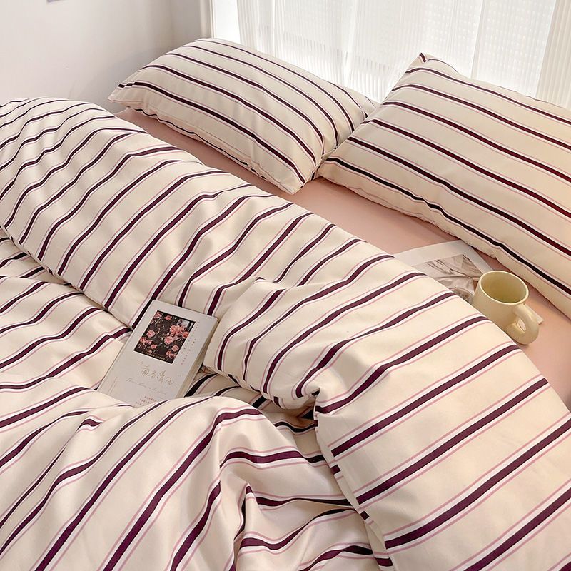 JazzHer Simple Red and Blue Striped Duvet Cover and Four Piece Bed Sheet Set with Washed Cotton Bedding on the Bed