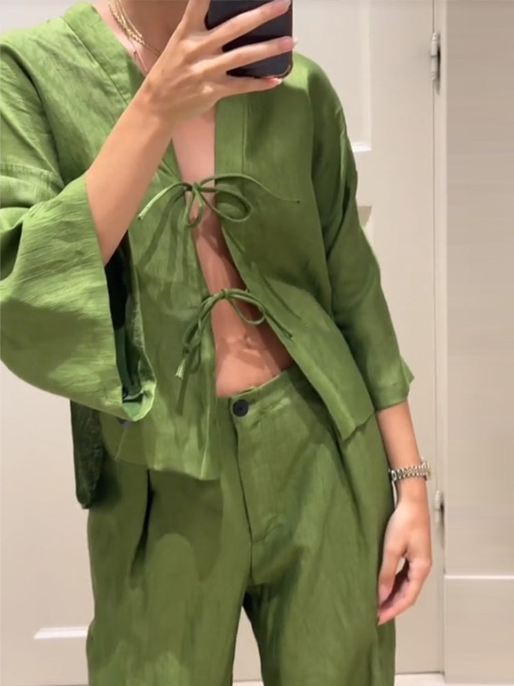 JazzHer Casual Loose 2 Pieces Sets Women 2024 Summer V-neck Lace Up Long Sleeve Blouses Wide Leg Trousers Vintage Green Lady Pants Suit