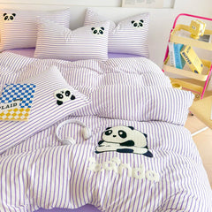 JazzHer Striped Bedding Set Full Size Cartoon Duvet Cover for Kids Purple Bed Sheet Set Single Size Panda Towel Embroidery Bedding Sets