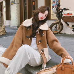 cold weather outfits JazzHer Vintage Brown Leather Women's Cropped Jacket Lamb Wool Integrated Pocket Maillard Autumn/Winter New Arrival Thickened Loose Fit