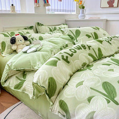 JazzHer White Green Bedding Set Floral Ins Duvet Cover with Zipper No Filler Flat Sheet Pillowcase Twin Queen Size Bed Linens