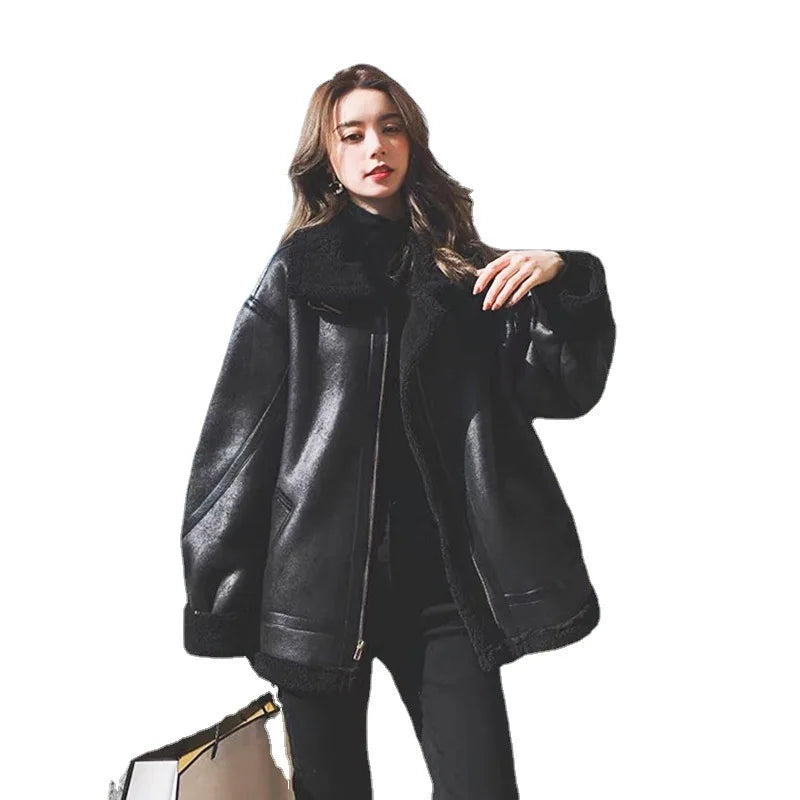 cold weather outfits JazzHer 2024 Winter New Style Korean Loose Fit Thickened Lambswool Leather Jacket Brown Motorcycle Cropped Hair Integrated Leather Jacke