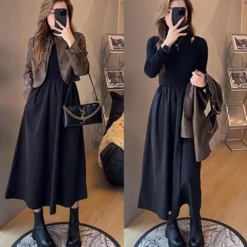 cold weather outfits JazzHer Fashionable Cropped Leather Jacket With Dress Set Women's Single Piece Suit Matching Outfit Elegant Style In Two Pieces