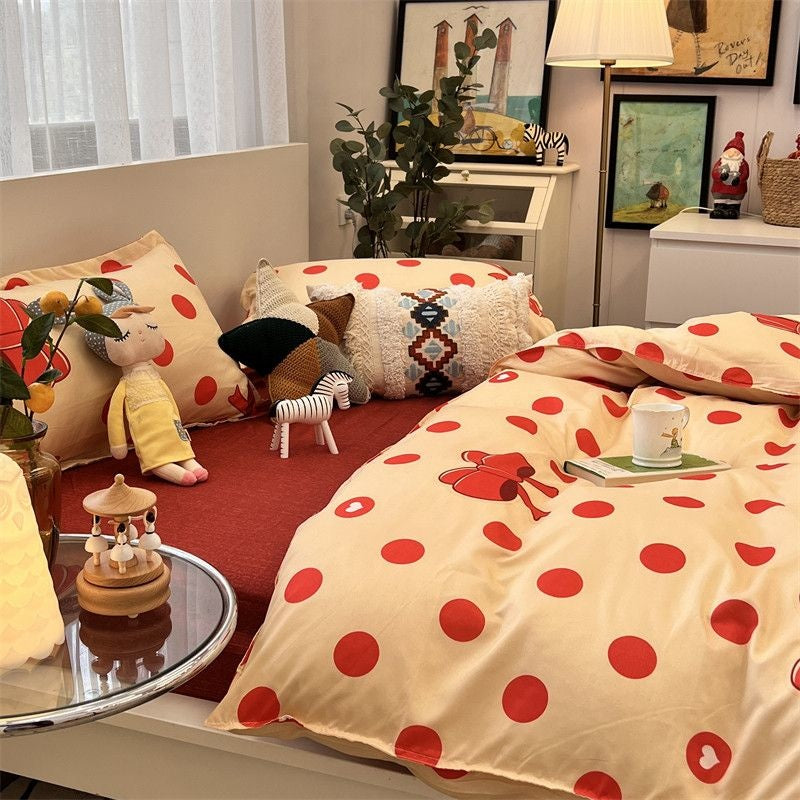 JazzHer Red Spot Bed Set Heart Love Quilt Cover Polyester Bedding Sheet Fashion Women Adults Single Double Full Size Bedroom Decor