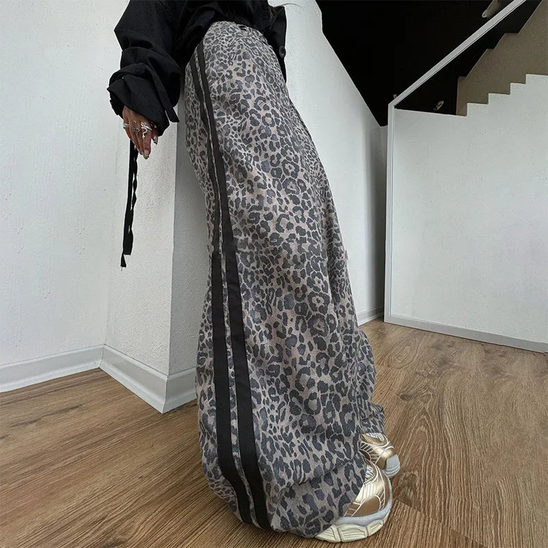 thanksgiving outfit JazzHer Casual Leopard Wide Leg Pant Women Patchwork High Waist Long Trouser Female 2024 Autumn Fashion Y2K All Match Striped Pants Lady