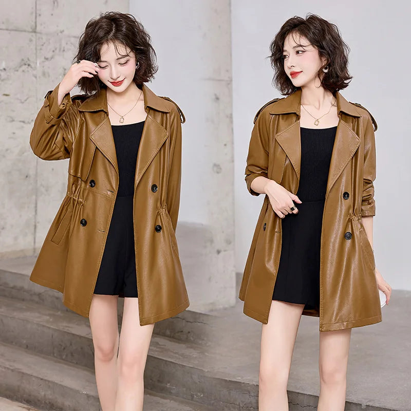 cold weather outfits JazzHer Fashionable Medium-Length Leather Jacket For Women Petite Waist-Fitted Slimming British Style Spring Autumn Overcoat