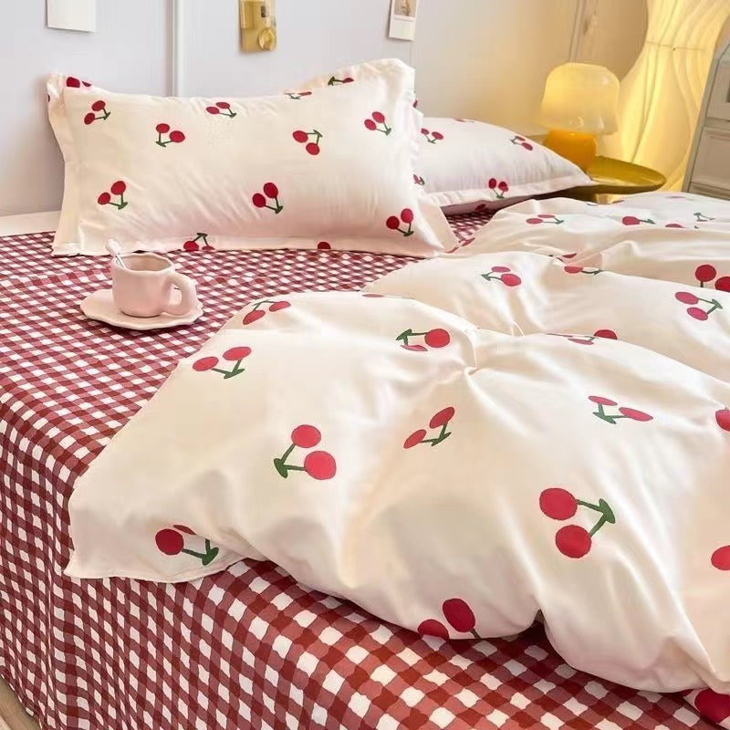 JazzHer Strawberry And Flowers Bedding Sets Solid Color Girls Boys Double Size Flat Sheet Duvet Cover Pillowcase Bed Linen Home Textile