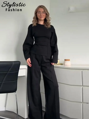 thanksgiving outfit JazzHer Elegant Top Pants Sets Women Long Sleeve O-neck Pleated Slim Waist Tops Wide Leg Trousers 2024 Autumn Fashion Office Lady Suits