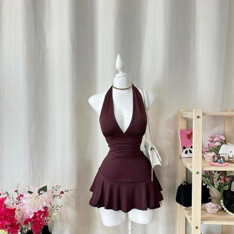 JazzHer Cute solid color Women's mini halter dress retro Y2K streetwear sweet casual Harajuku sexy slim emo girls hip hop new baby dress