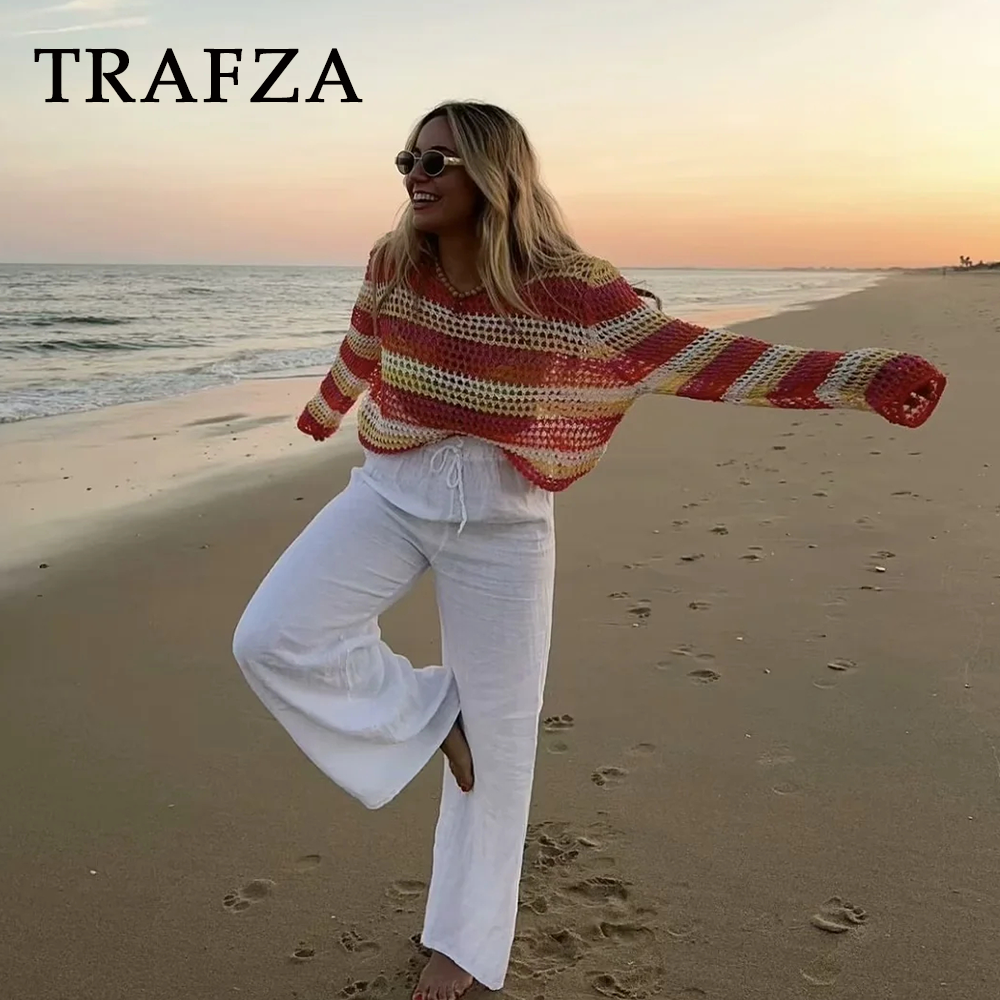 cold weather outfits JazzHer 2024 Spring Summer Casual Patchwork Women Sweaters Fashion Streetwear O Neck Crochet Striped Chic Ladies Loose Sweaters