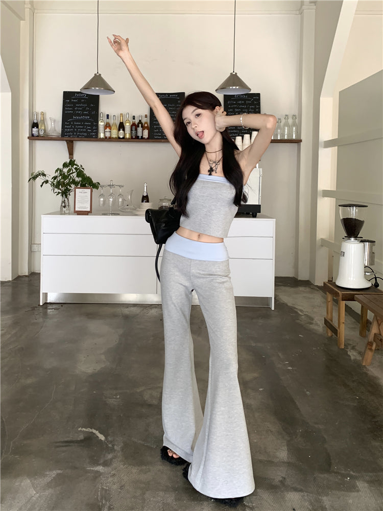 JazzHer 2025 New Temperament Fashion Gyaru Set Women Summer Contrast Color Tube Top Vest Slightly Flared Trousers Two-piece Set Fashion