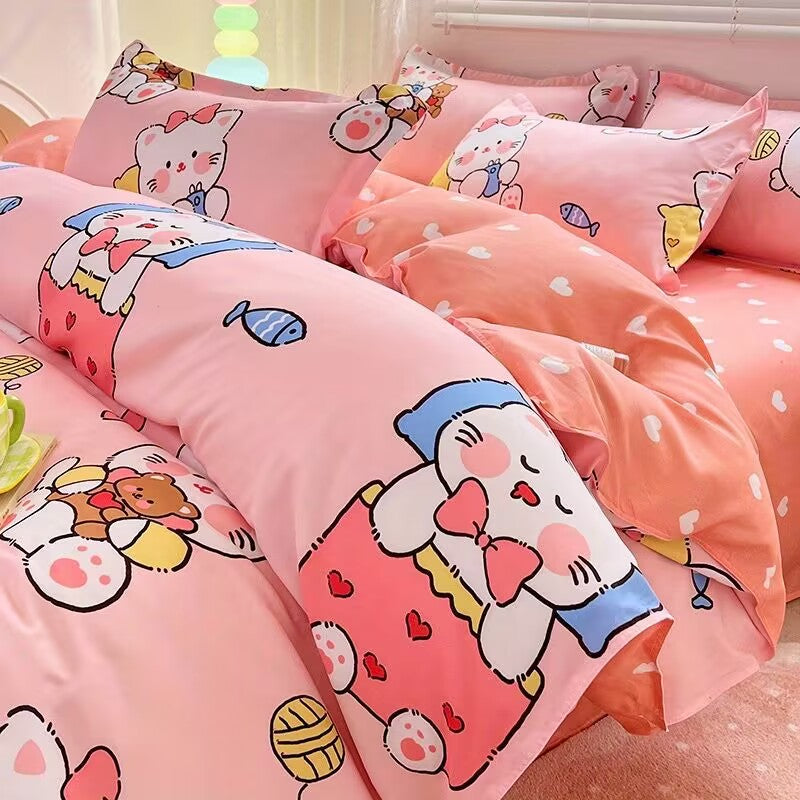 JazzHer Ins Cartoon Rabbit Duvet Cover Set Soft Blue Flat Sheet Quilt Cover Pillowcase Bed Linen Twin Queen Full Size Floral Bedding Set