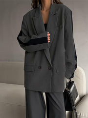 JazzHer Grey Patchwork Blazer 2 Piece Sets Women Fashion Long Sleeve Button Jacket High Waist Wide Leg Pants New Office Lady Suits