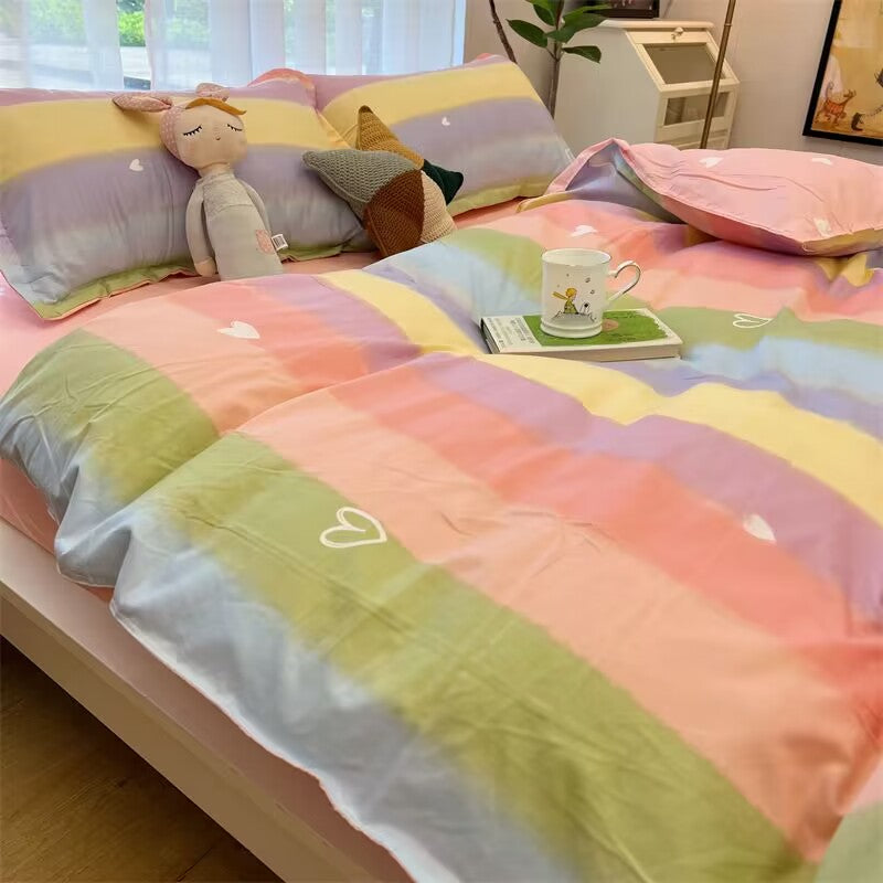 JazzHer Korean Style Tie-Dye Bedding Set Flat Bed Sheet Pillowcase Twin Full Queen Size Bed Linen Women Girls Pink Duvet Cover Set