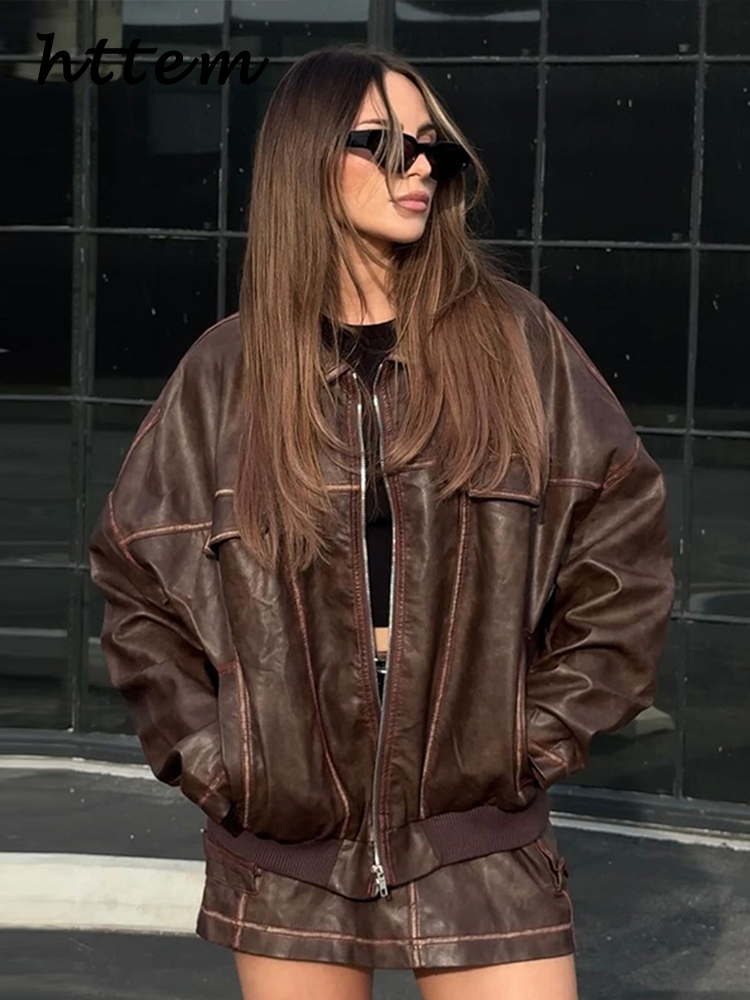 JazzHer Vintage Women's Leather Jacket Mini Skirt Sets Y2k Lapel Zipper Jackets Pockets Short Skirts 2024 Autumn Lady Locomotive Outfits