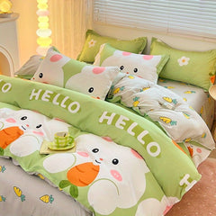 JazzHer Cute Rabbit Carrot Bedding Set Soft Green Flat Sheet Quilt Cover Pillowcase Bed Linen Twin Queen Full Size Floral Duvet Cover