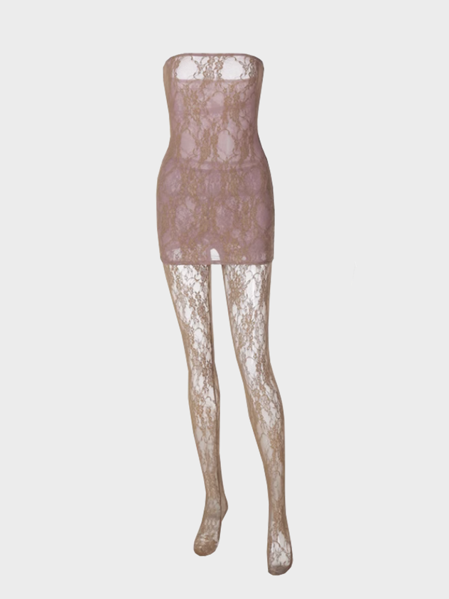 JazzHer 2024 New Lace Mesh Plain Tube Dress With Tights Two-Piece Set