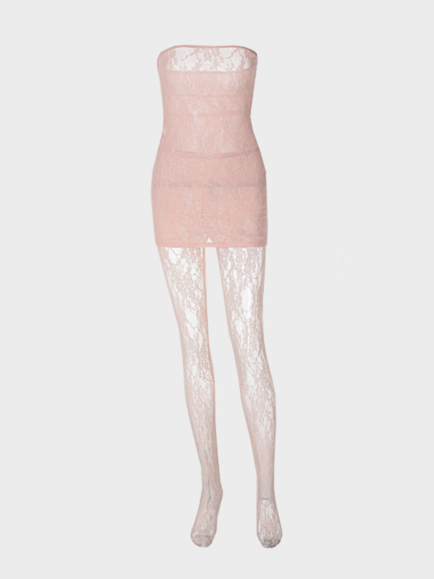 JazzHer 2024 New Lace Mesh Plain Tube Dress With Tights Two-Piece Set