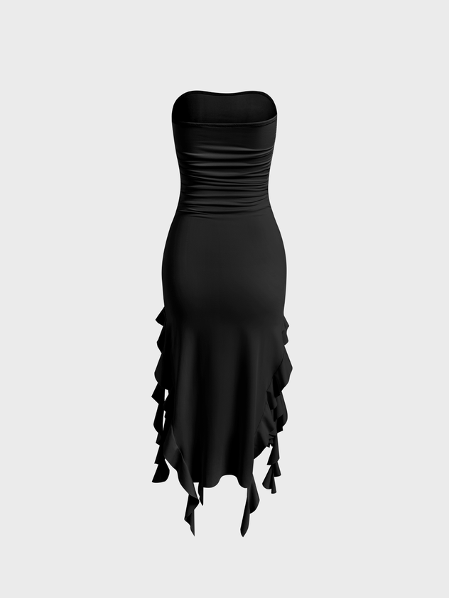 JazzHer 2024 New Y2k Balletcore Black Ruffles Tube Dress Midi Dress