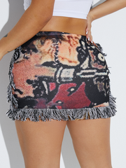 JazzHer 2024 New Face Pattern Tassel Short Skirt