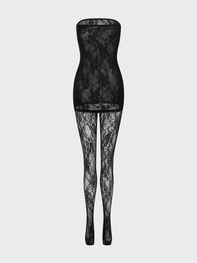 JazzHer 2024 New Lace Mesh Plain Tube Dress With Tights Two-Piece Set