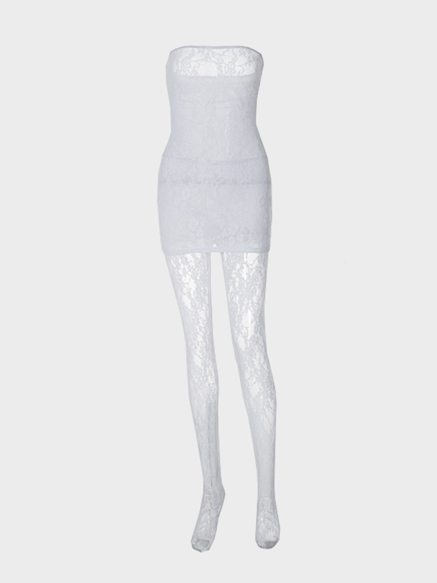 JazzHer 2024 New Lace Mesh Plain Tube Dress With Tights Two-Piece Set