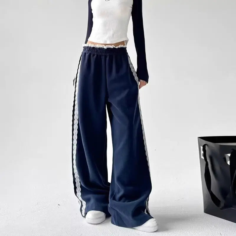 JazzHer Lace Patchwork Sweatpants Women Y2K Streetwear High Waist Wide Leg Pants Korean Fashion Casual Elastic Waist Straight Trousers