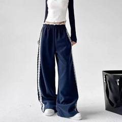 JazzHer Lace Patchwork Sweatpants Women Y2K Streetwear High Waist Wide Leg Pants Korean Fashion Casual Elastic Waist Straight Trousers