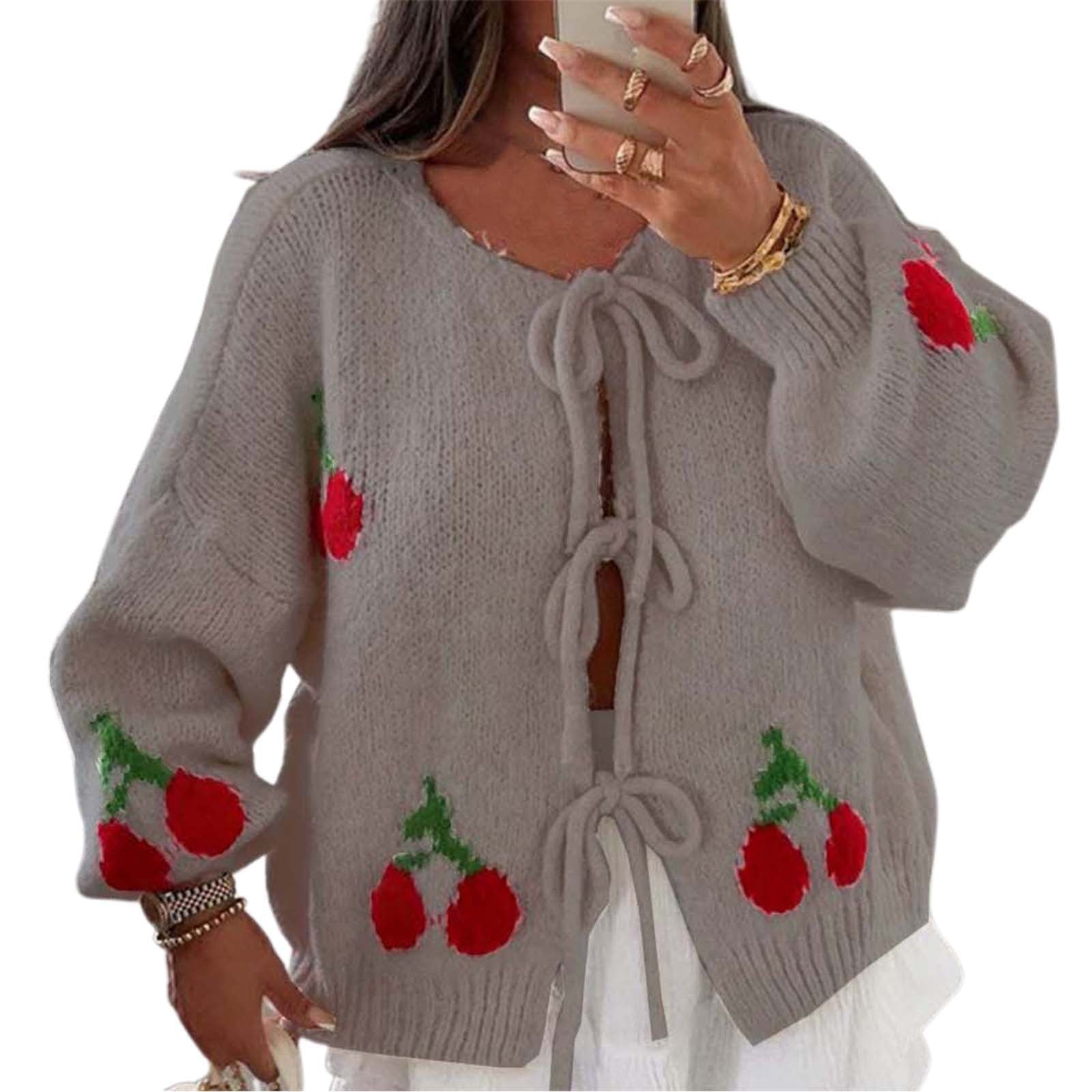 thanksgiving outfit JazzHer Women's Tie Front Knit Cardigan Cherry Pattern Long Sleeve Crew Neck Loose Sweater for Fall Winter