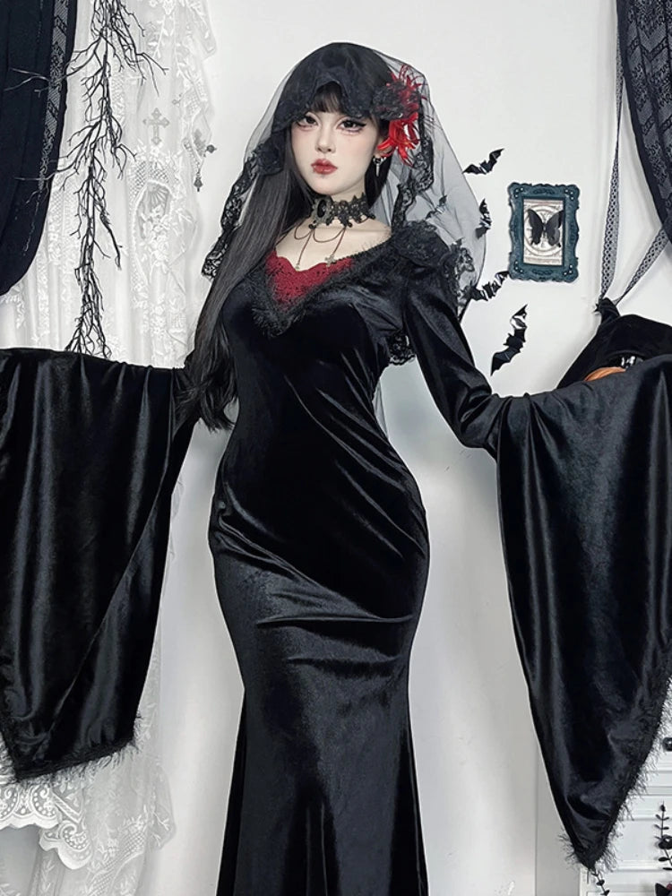 JazzHer Dark Elegant Gothic Velvet Dress Women Vintage Aesthetic Sexy Backless V-neck Feather Patchwork Flare Sleeve Party Dress
