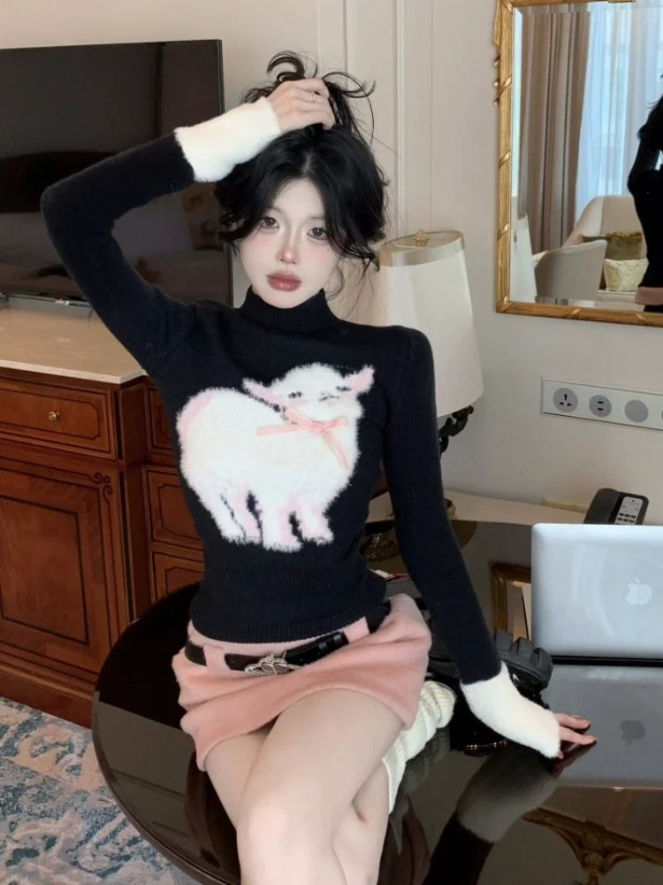 JazzHer 2025 Vintage Skirts Suits Women Casual Knitted Sweater Tops + Y2k Sexy Mini Skirt Autumn Winter Korean Style Two Piece Set Chic