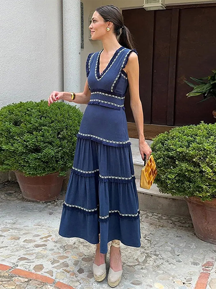 JazzHer Elegant Tassels Ruffles Maxi Dress Women Vintage V-neck Sleeveless Patchwork Female Party Dresses 2024 Summer Lady Holiday Robes