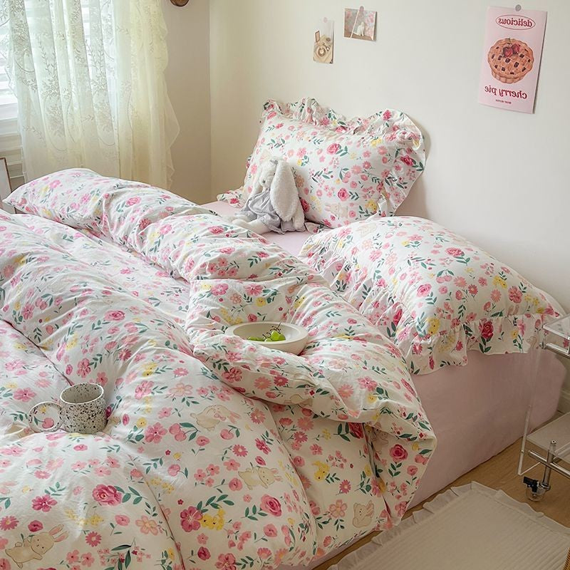 JazzHer Ins Korean Style Duvet Cover Set with Flat Sheet Pillowcase No filler Washed Cotton Queen Full Twin Cute Floral Bedding Set