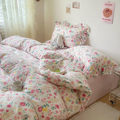 JazzHer Ins Korean Style Duvet Cover Set with Flat Sheet Pillowcase No filler Washed Cotton Queen Full Twin Cute Floral Bedding Set