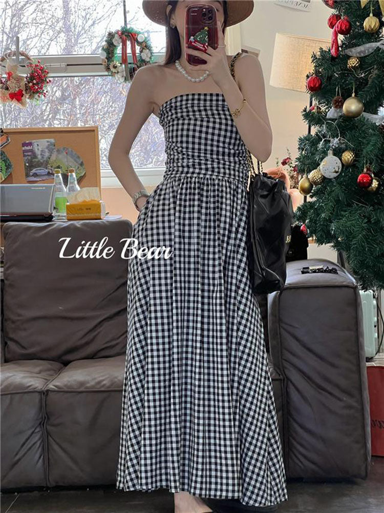 JazzHer Vintage Plaid Dress Women Korean Elegant Tube Top Folds Midi Dress Summer Holiday Beach Y2K All Match Female Vestidos