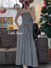 JazzHer Vintage Plaid Dress Women Korean Elegant Tube Top Folds Midi Dress Summer Holiday Beach Y2K All Match Female Vestidos