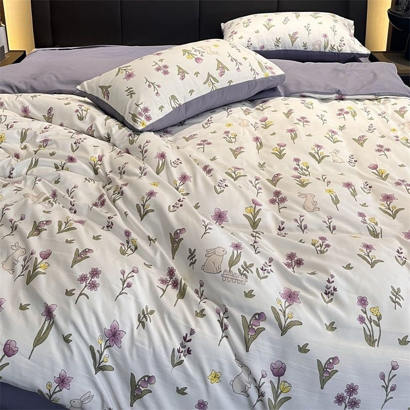 JazzHer Ins Purple Flower Bedding Set Washed Cotton Bed Sheet Pillowcase Quilt Cover Simple Kids Adult Floral Duvet Cover No Filler