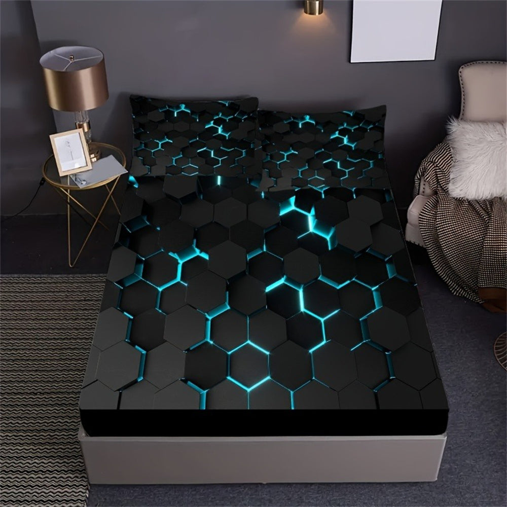 JazzHer Blue 3D Hexagonal Honeycomb Geometry Print Fitted Sheet Set Column Mosaic Art Neon Mattress Covers Bedding Set With Deep Pocket