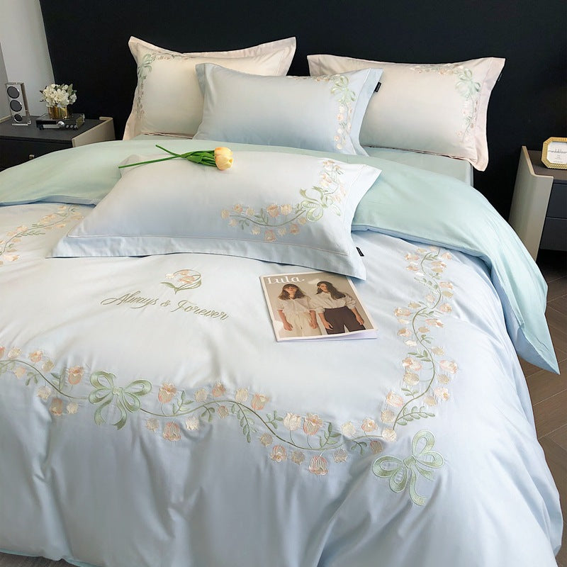 JazzHer New High-End Simple and Light Luxury Skin-Friendly Cotton Four-Piece Set Simple Embroidery Bedding Lily