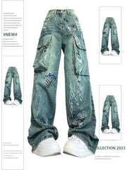 christmas outfit JazzHer Women Blue Graffiti Cargo Jeans Baggy Vintage Korean Cowboy Pants Harajuku Denim Trouser 90s Aesthetic Y2k 2000s Trashy Clothes