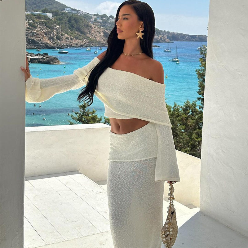 JazzHer Sexy Knit Off Shoulder Top Skirt Set Women Pleated Slash Neck Full Sleeve Tops Elastic Long Skirts 2024 Summer Lady Beach Outfit