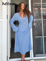 JazzHer Elegant Knit Hollow Out Long Dress Women Loose V-neck Full Sleeves See Through Beach Female Dresses 2024 Summer Lady Beach Robes